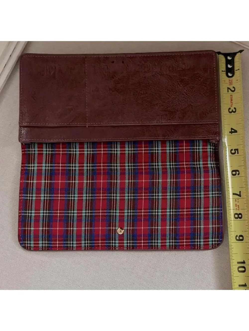 Vintage Wanderlust burgundy leather passport / travel wallet with plaid lining.